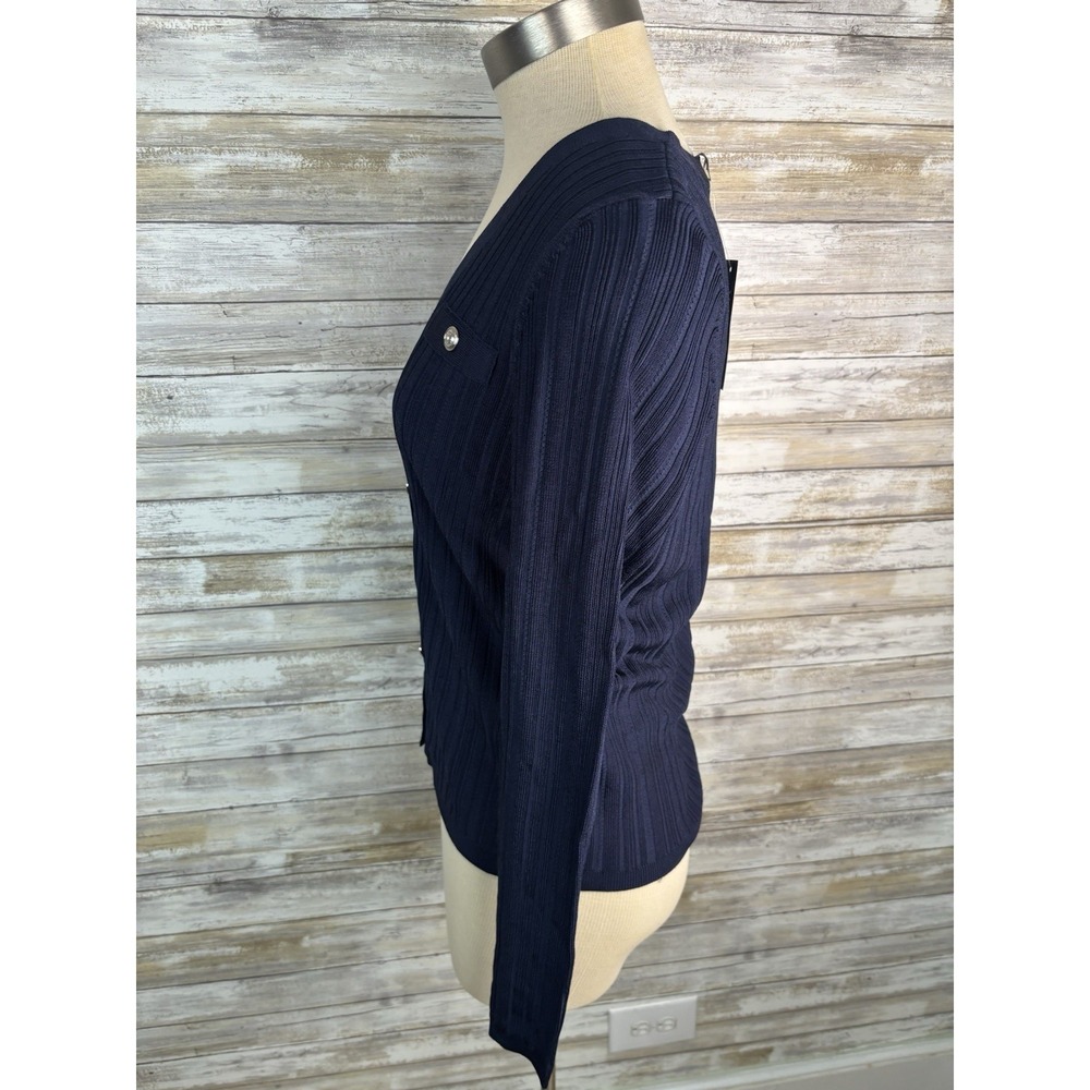White House Black Market WHBM Womens M Snap Front Cardigan Sweater Stretchy Navy - Picture 3 of 8